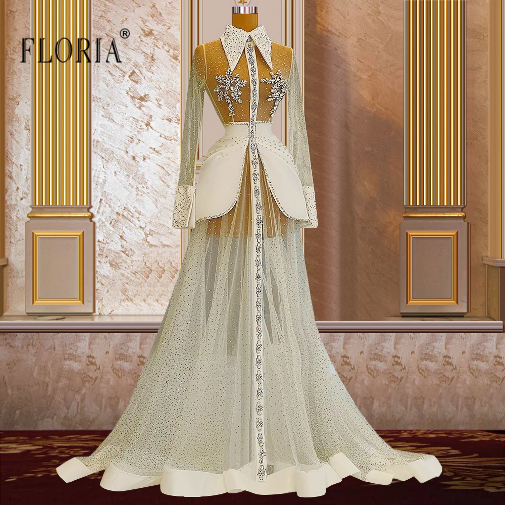 

Dubai High Neck Long Sleeve Two Pieces Evening Dresses with Jacket Neck Button Prom Gowns Graduation Party Dress