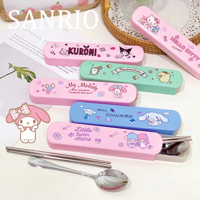 

Kawaii Sanrio Hello Kitty Cinnamoroll Cutlery Cute Pompompurin Kuromi Cartoon Student Portable Stainless Steel Cutlery Set