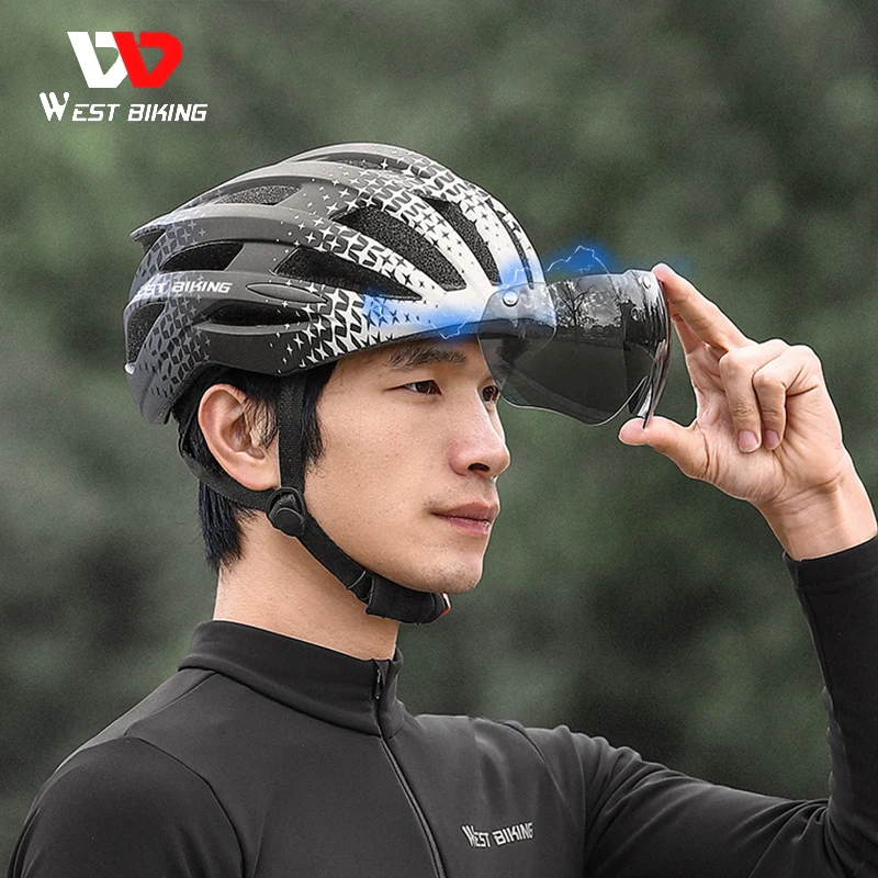 

WEST BIKING Goggles Helmet With Tail Light MTB Road Electric Bike Helmet Lightweight One-piece Molding Cycling Racing Safety Cap