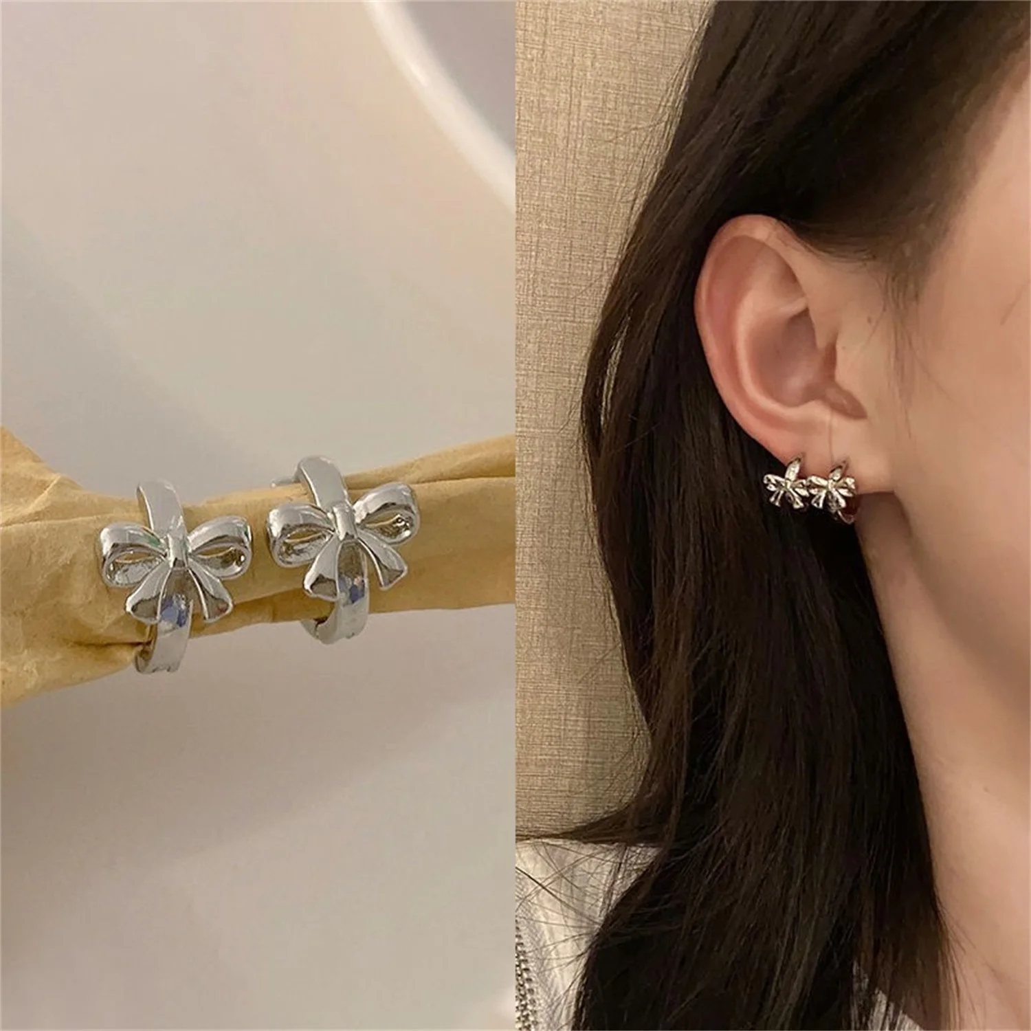 

Fashion Small Hoop Earrings Metal Bowknot Ear Cuff Women's Earring Set Brincos Pendientes Wedding Jewelry Gifts Silver Color