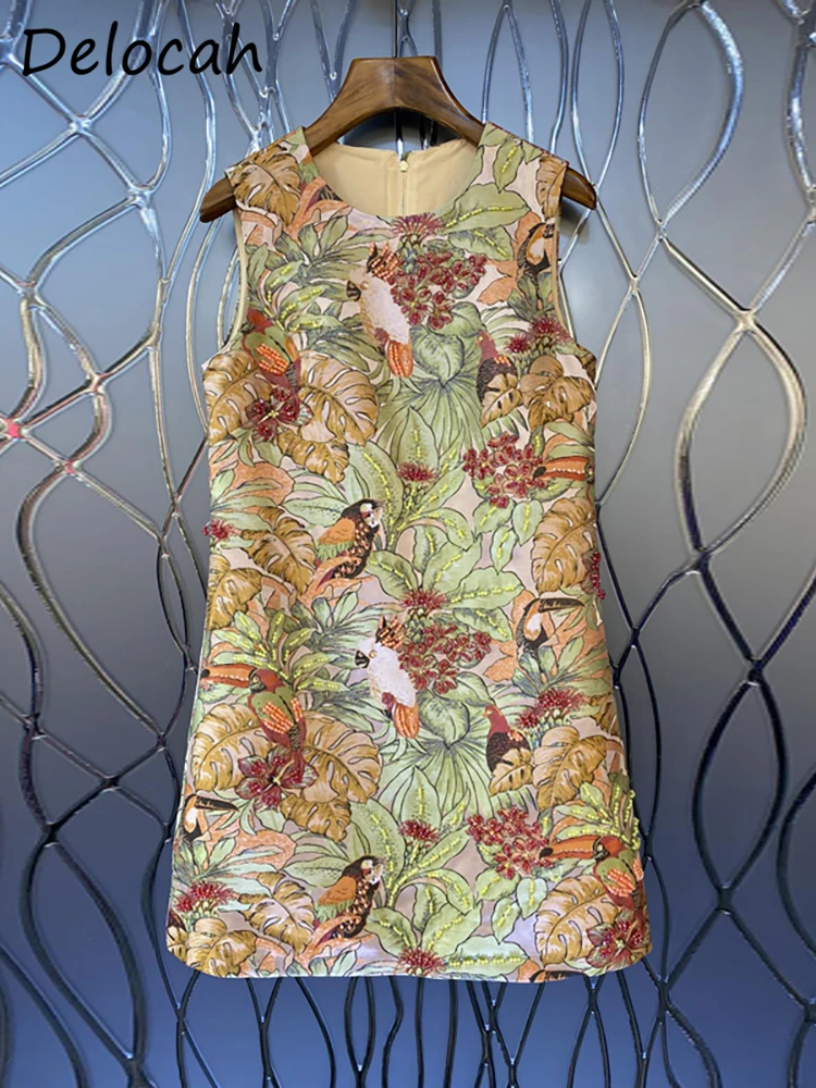 Delocah High Quality Summer Women Fashion Runway Mini Dress Sleeveless Gorgeous Crystal Beading Tropical Printed Tank Dresses