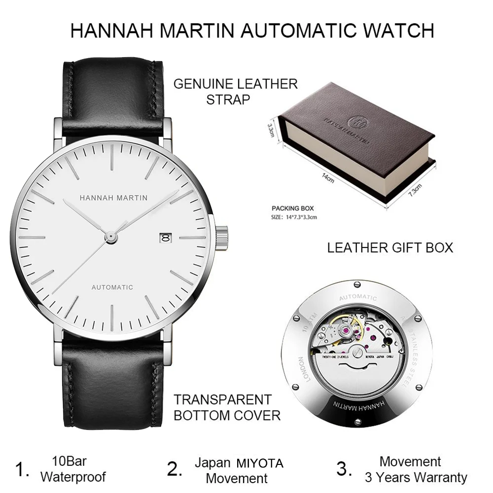 Hannah Martin Men's Automatic Watch MIYOTA 8215 Movement Top Leather Strap Sapphire Mirror 10Bar Waterproof Standard Dive Watch