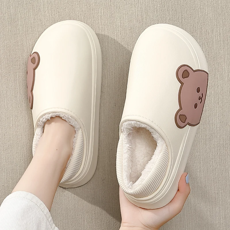 

Winter Women Thick Platform Waterproof Non-Slip Easter Summer Slippers Warm Indoor Fur Cotton Men Couples Ladies Cartoon Shoes