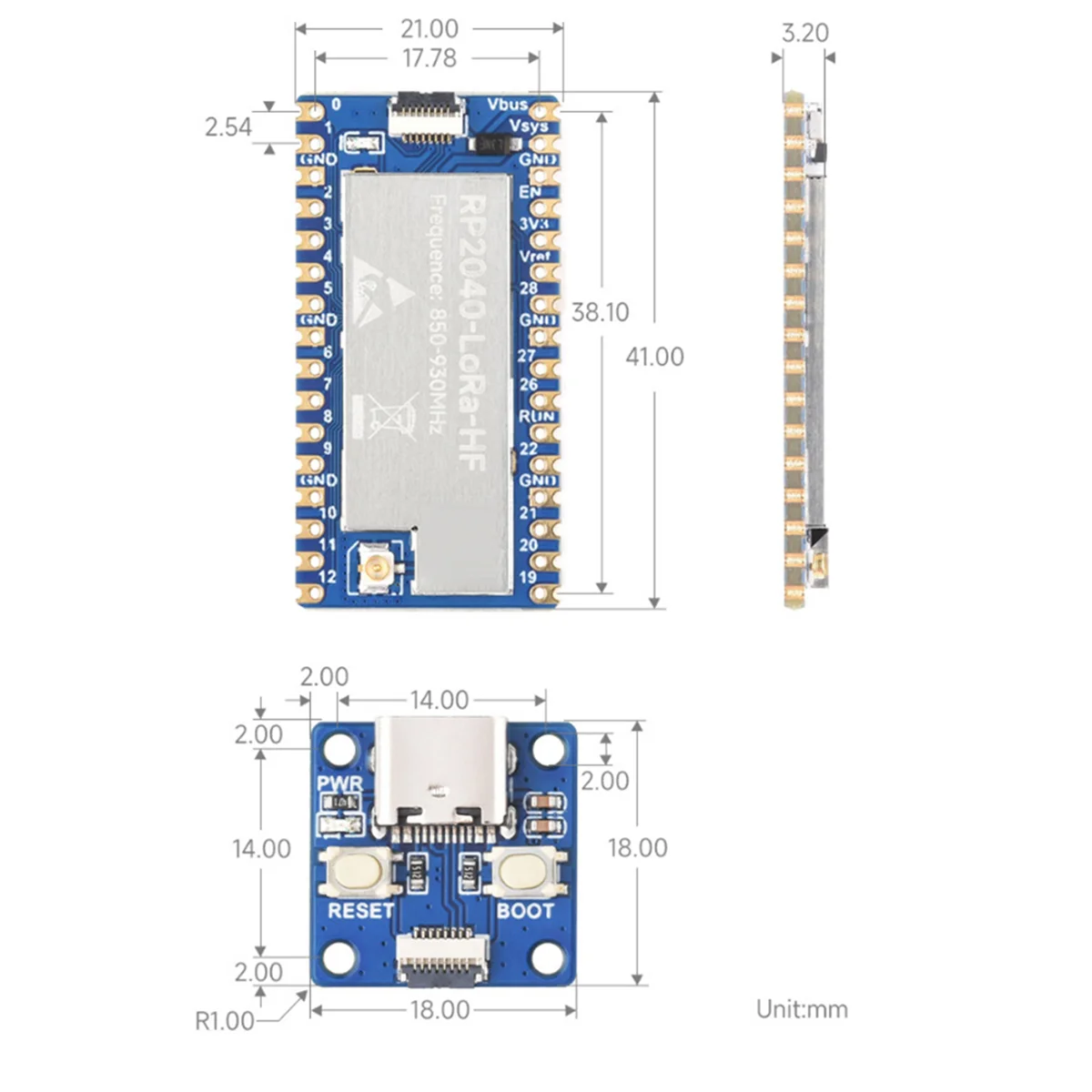 Комплект макетной платы HF RP2040-LoRa + плата адаптера SX1262 Плата разработки 850-930 МГц