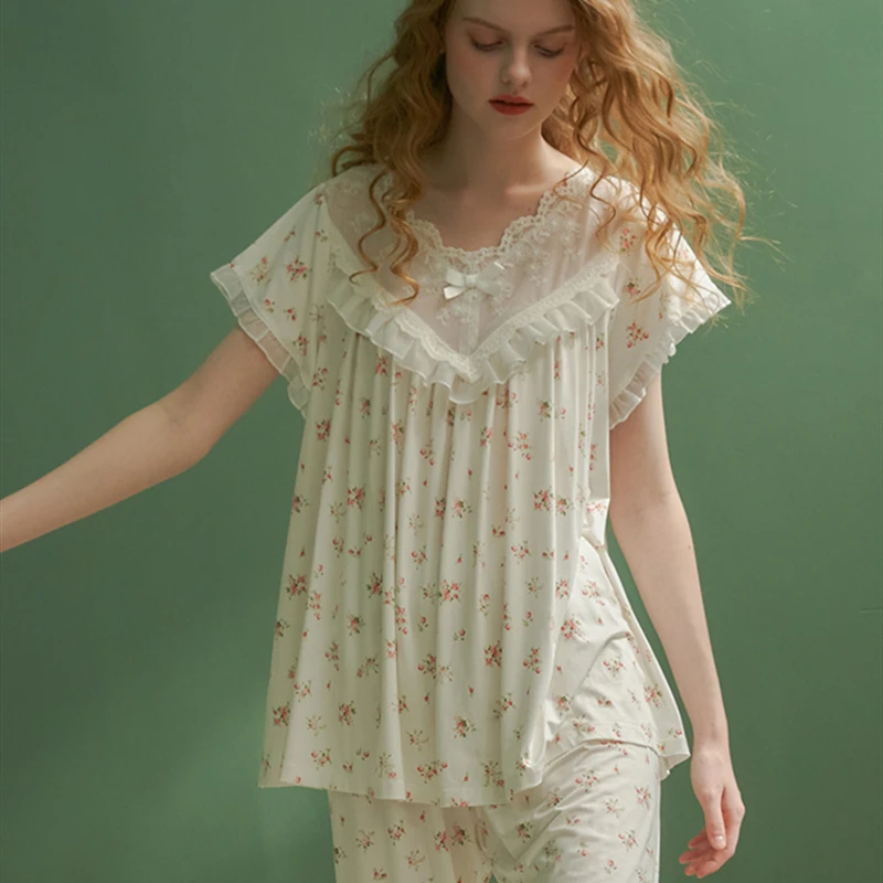 

Elegant Loungewear Summer Cotton Pajamas Lady Pajamas Set Sleepwear For Women Short sleeves Nightshirt