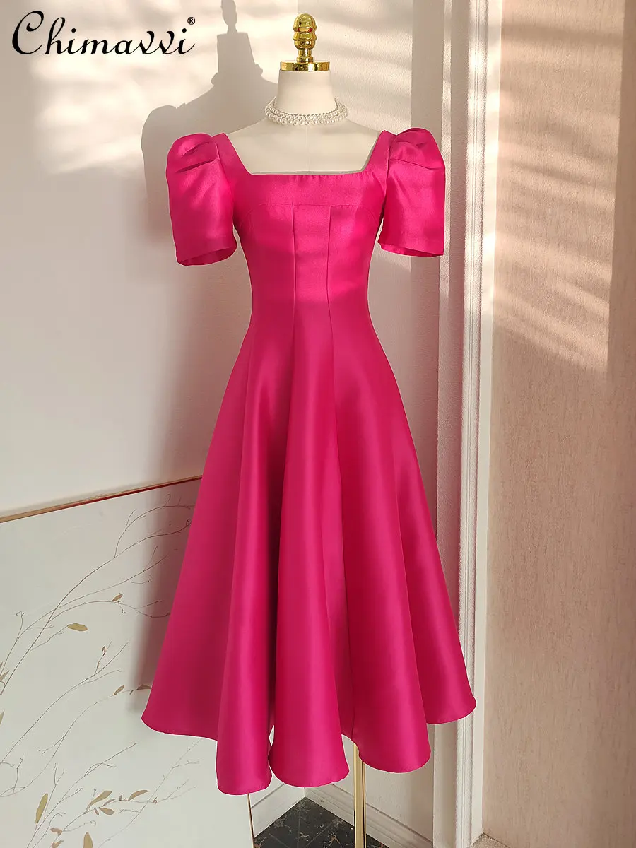 French Hepburn Style Elegant Solid Color Dress Summer New Fashion Pleated High Waist Slim Large Swing Square Collar Party Dress