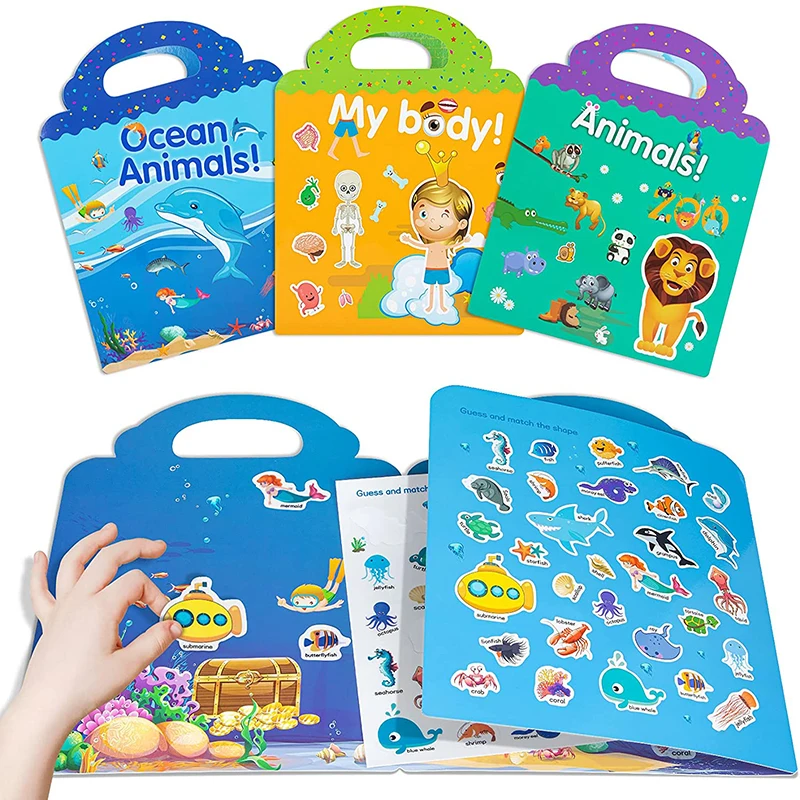 Kids Reusable Sticker Book Multiple Scenarios Cartoon DIY Puzzle Educational Cognition Learning Toys for Child Age 2-4 Gift