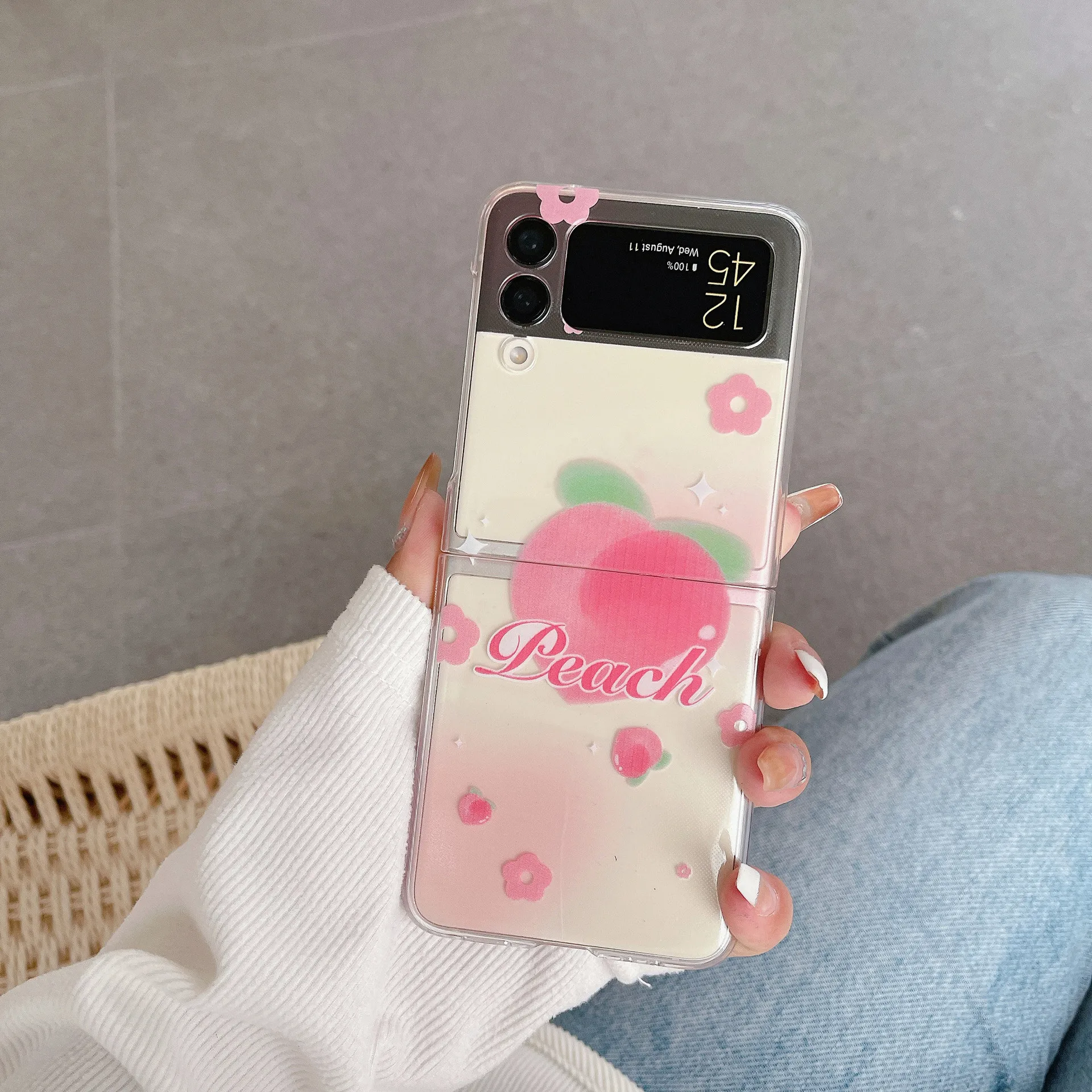 Ins Cute Peach Transparent Phone Case for Samsung Galaxy Z Flip 4 3 Hard Cover for ZFlip3 Zflip4 Solid Shell Bracket
