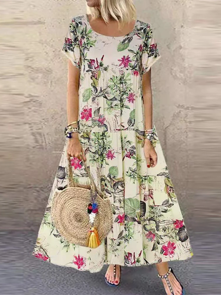 

Vintage Boho Maxi Dress Women Floral Summer Elegant Linen Short Sleeve Long Dress Female Holiday Sundress Party Dresses Vestidos