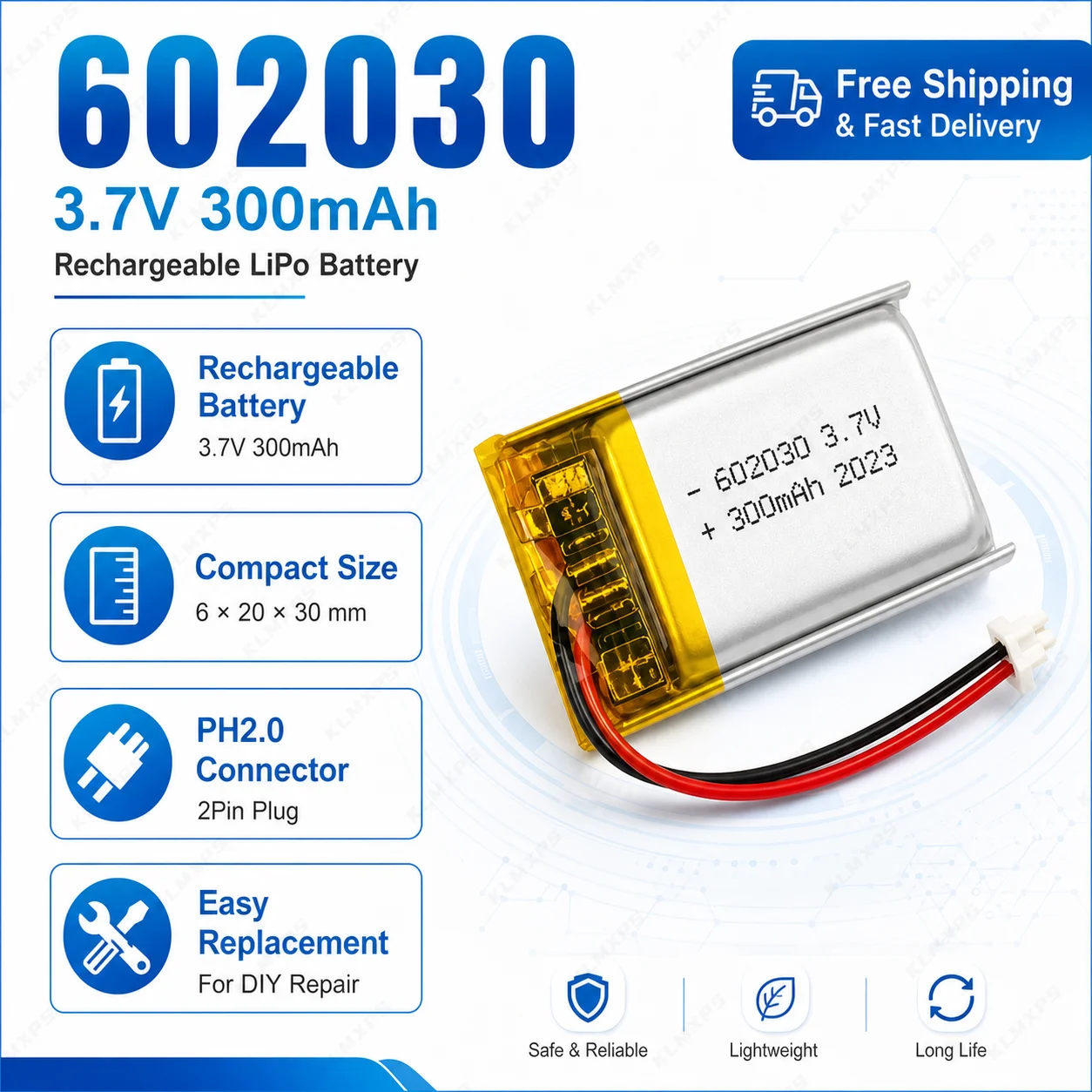 Фото Литий-полимерный аккумулятор 3.7V 602030 300мАч с разъемом PH2.0, перезаряжаемая Li-Po батарея для Bluetooth-колонок, наушников, MP3-плееров №3