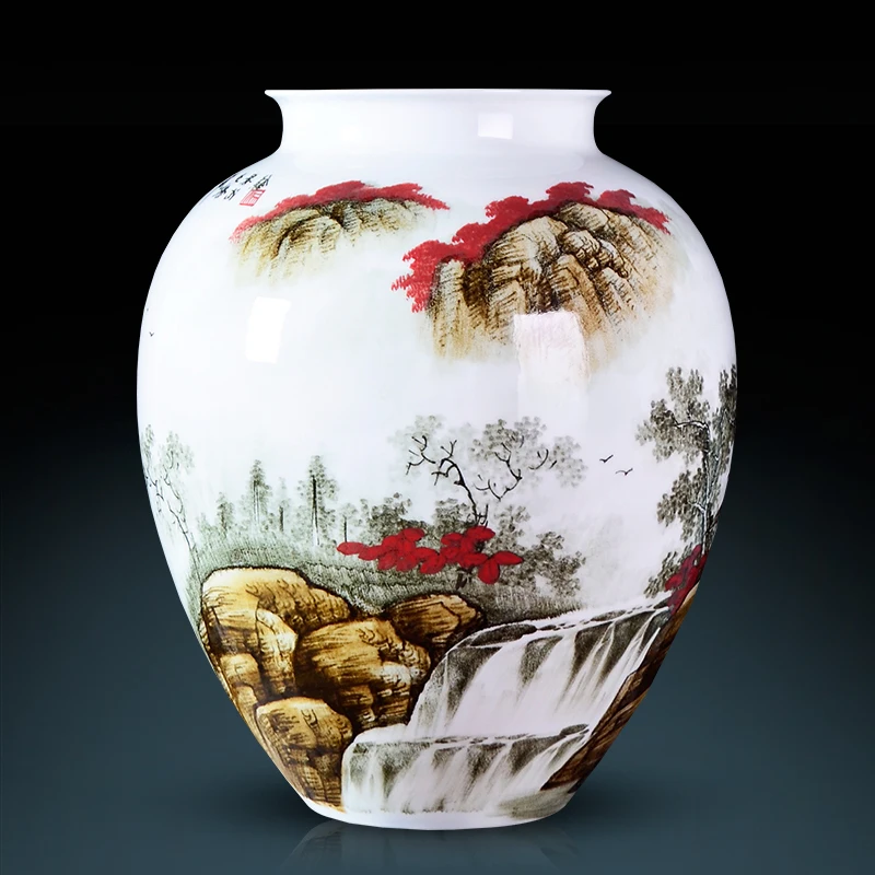

Ceramics Jingdezhen Master Handpainted Pink Vase Red Landscape Living Room Point Decorations