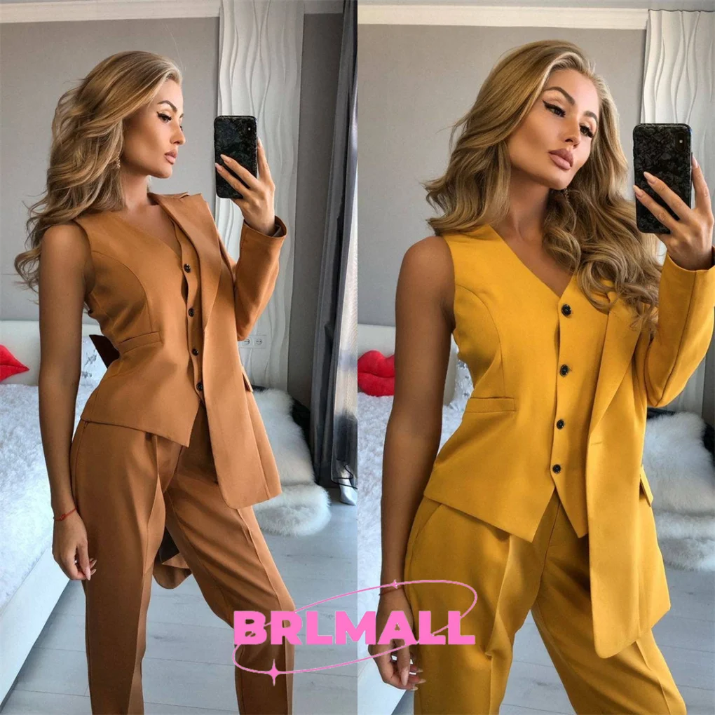 Formal Womens Blazer Suit Office Women 3 Pieces Suit with Slim Fit Pants Buttoned Vest and Single-Breasted Blazer Business