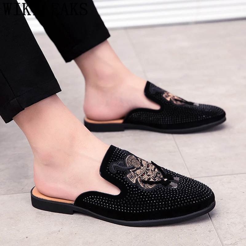 Mules Suede Shoes Men Half For Rhinestone Luxury Fashion Zapatillas Hombre Casual Sapato Social Masculino | Обувь