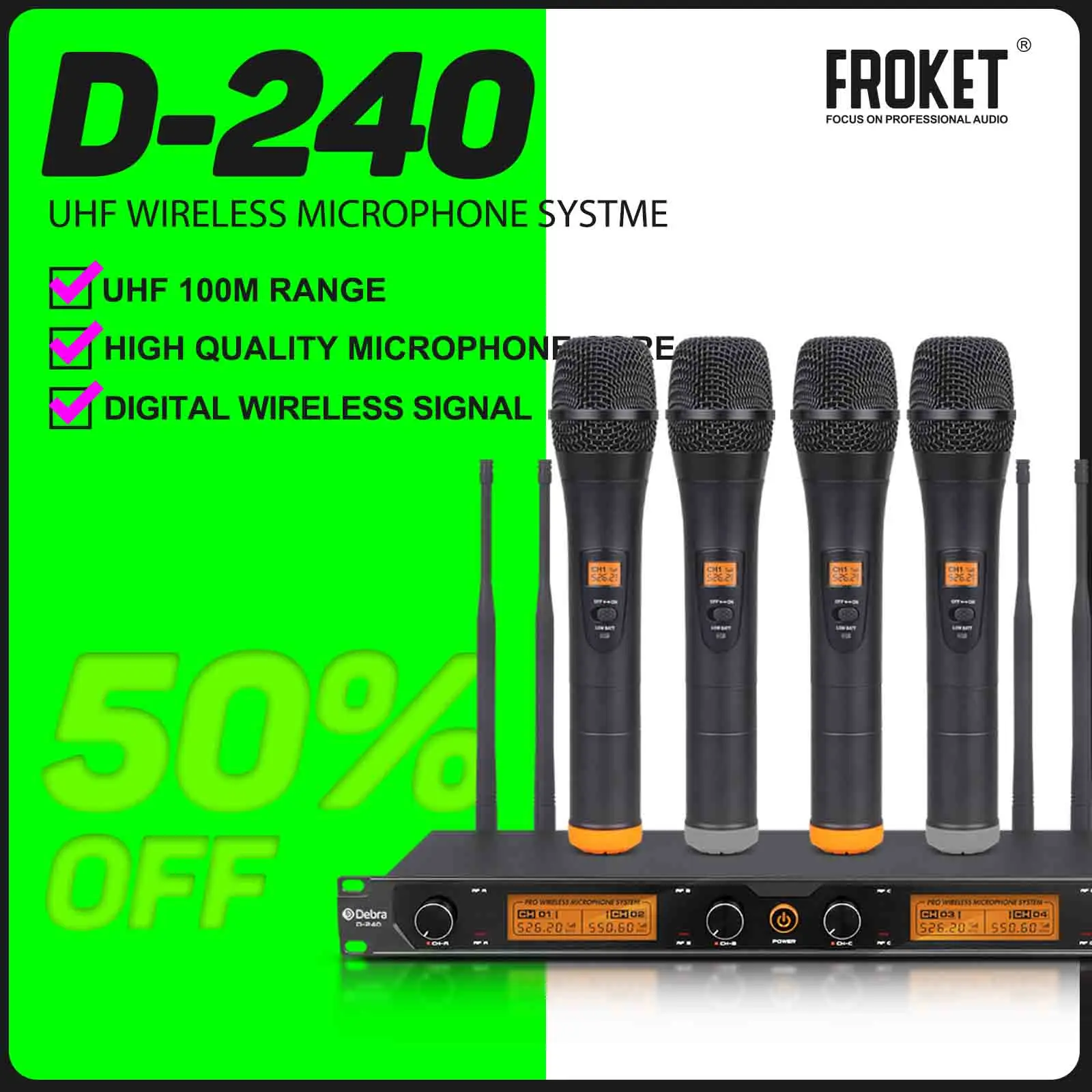 FROKET Audio UHF Беспроводная микрофонная система D-240 4-канальная ручная гарнитура