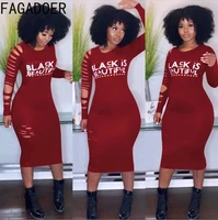 fagadoer sexy bodycon hollow out dress women letter print long slevee knee dresses casual female slim vestidos 2022 clothing