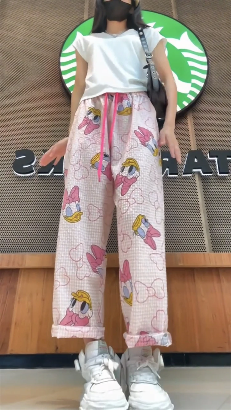 Korean Style Plaid Cute Cartoon Floral Print Casual Jumpsuit Women's Clothing Summer Thin Small Straight Cropped Pants Trousers
