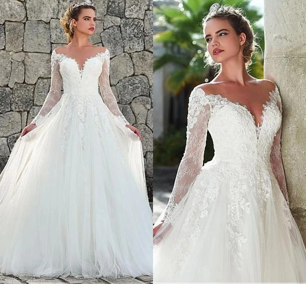 

Gy Sheer Back Long Sleeves Wedding Dresses Lace Appliques Tulle Wedding Gowns A-Line Vestios De Novia Bride dress