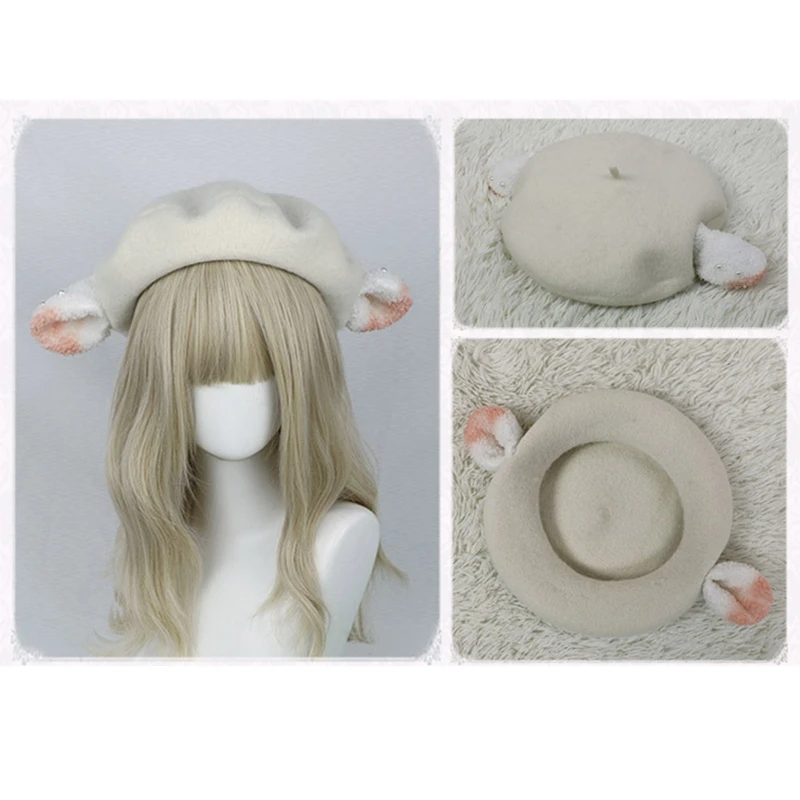 

Cute Lamb Ears Beret Niche Lolita Painter Hat All-match Solid Color Octagonal Hat for Christmas New Year Valentine's Day F3MD