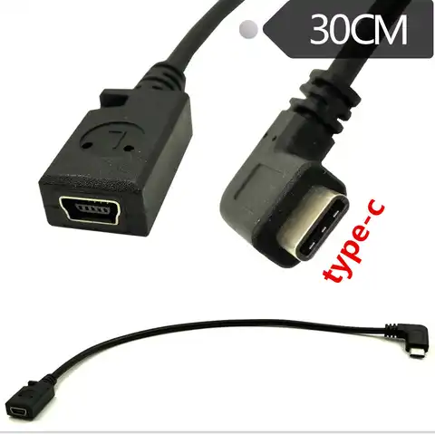 USB-C кабель для зарядки под прямым углом, переходник с разъемом «папа» на мини-USB (Mini B) «Мама» и «мама», 0,3 м