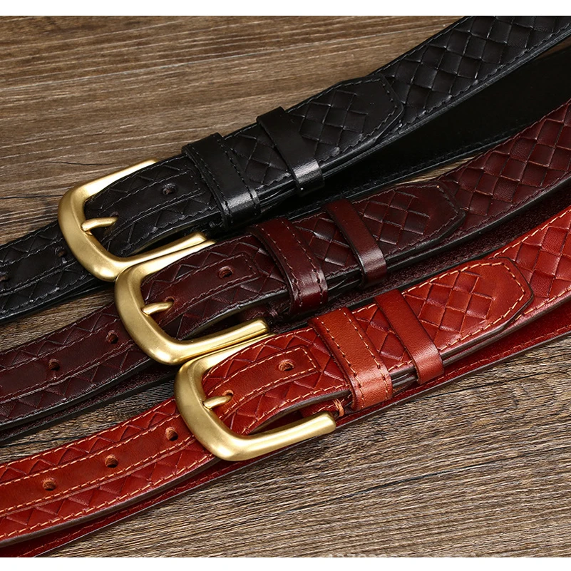 Korean Fashion Cow Leather Braided Men Belt Joker Woven Copper Pin Buckle Genuine Leather Men Belt Gift