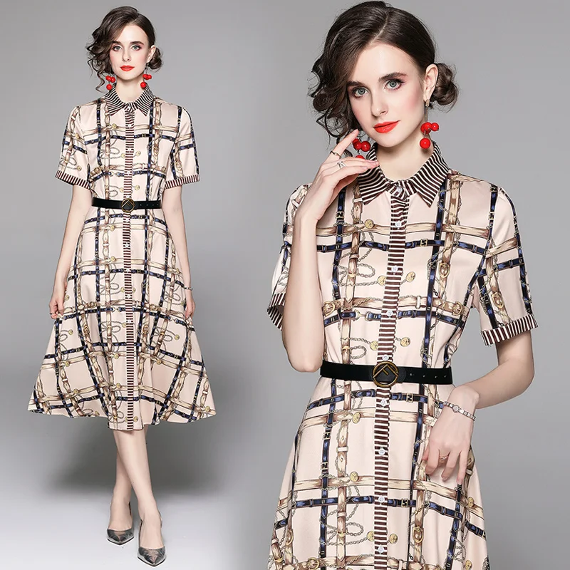 

Design Chic Ins Plaid Printed Vintage Women Shirt Dress Vestidos Elegant Office Lady Tunci Casual Fashion Midi Long Summer Dress