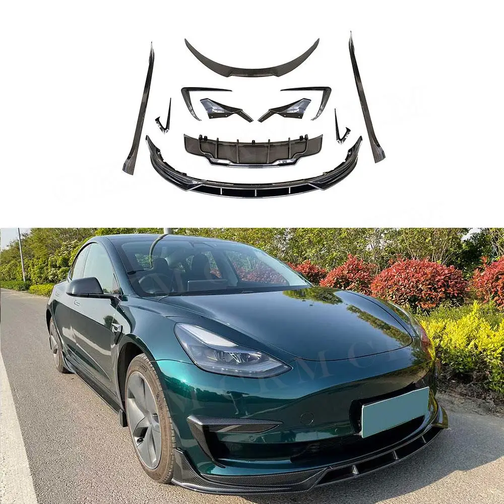 

Боди для автомобиля Tesla Model 3 из углеродного волокна, блеск, черный, передний бампер, губа, задний диффузор, боковые юбки, качающиеся панели, за...