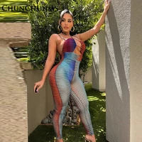 sexy lace up halter stretch mesh long pant jumpsuit women sexy see through backless bandage rompers street sport overalls summer