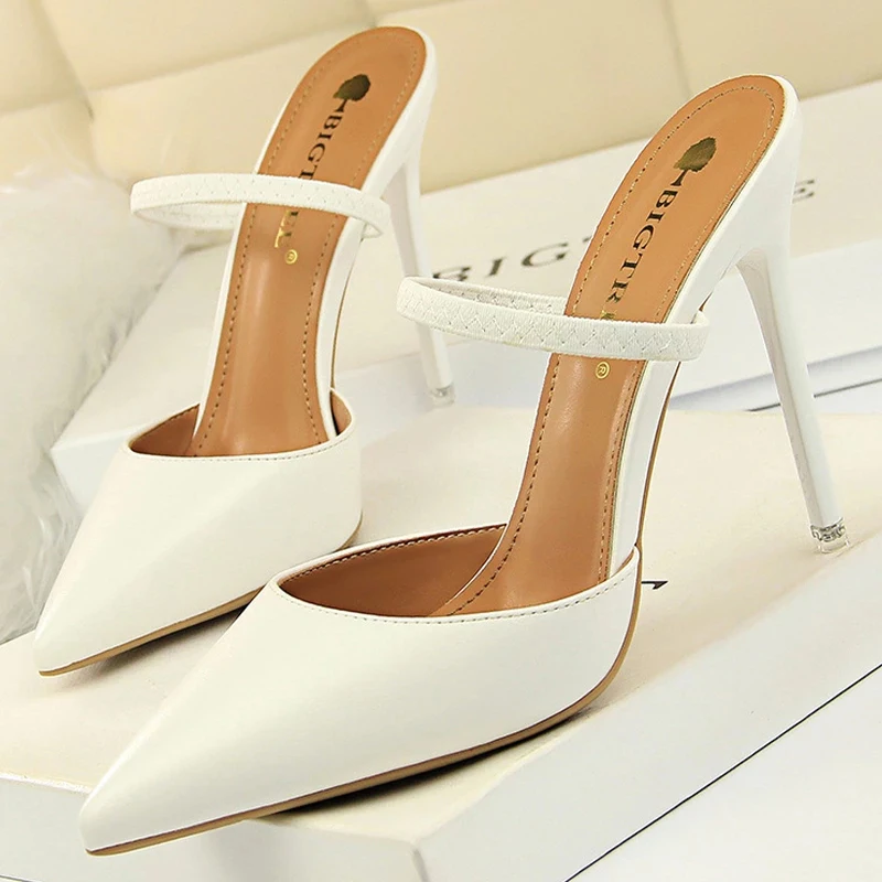 

BIGTREE Shoes Women Slippers Pointed Toe Pu Leather Women Heels 10.5Cm Sexy Slides Women Pumps Party Shoes Female Sandals 2022