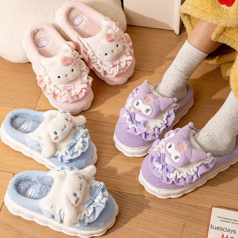 

Sanrio Hello Kitty Cinnamoroll Anime Kawaii Cotton Slippers Female Autumn Winter Cute Kuromi Indoor Home Thick Plush Shoes Toys