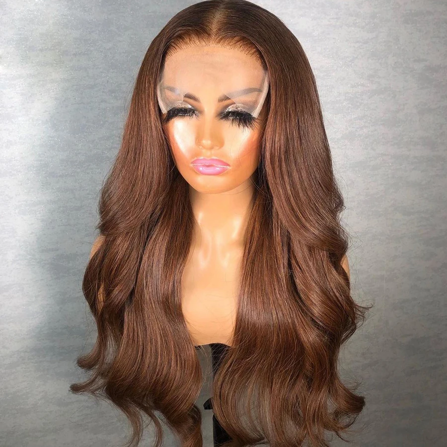 

Colored Brown Long Wavy Synthetic Lace Front Wig For Black Women Baby Hair Glueless PrePlucked Heat Resistant Cosplay Wig