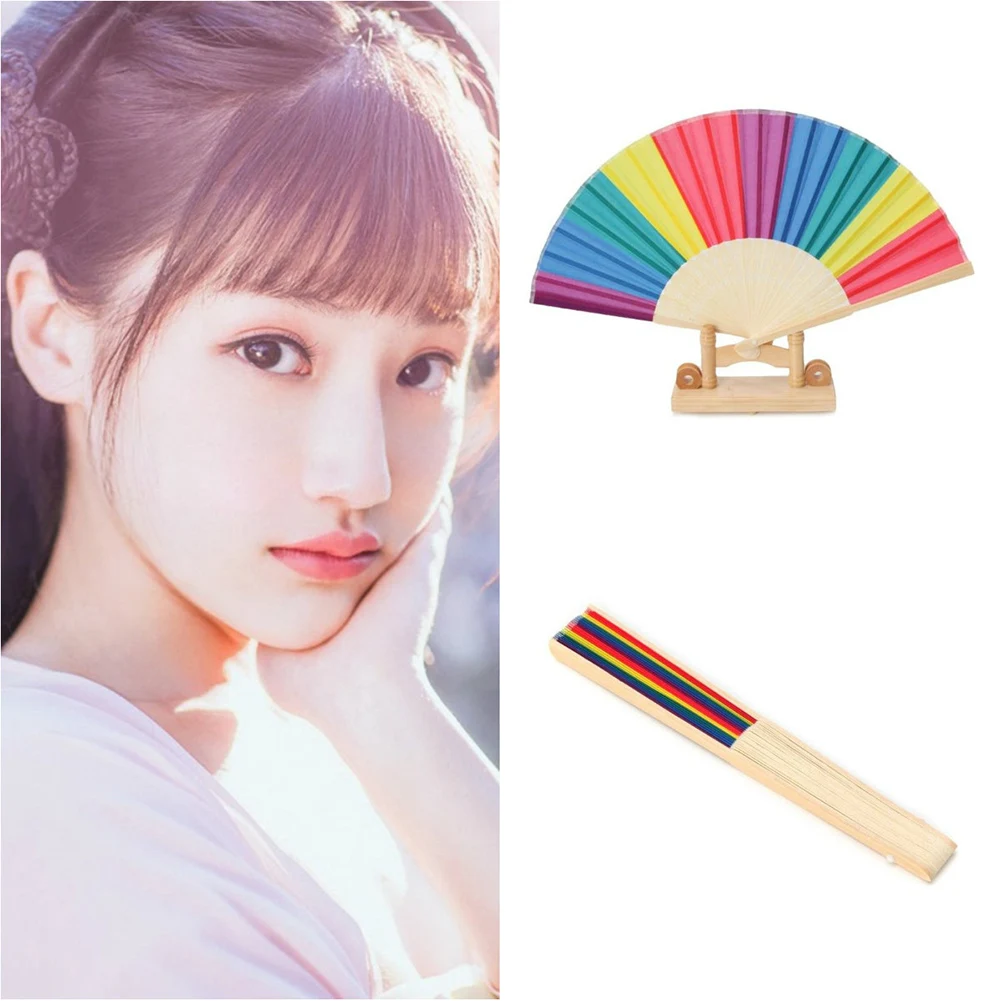 

7-inch Summer Rainbow Handheld Folding Fan Oriental Style Rainbow Silk Fabric Pocket Hand Fans Party Fovor Promotion Gifts