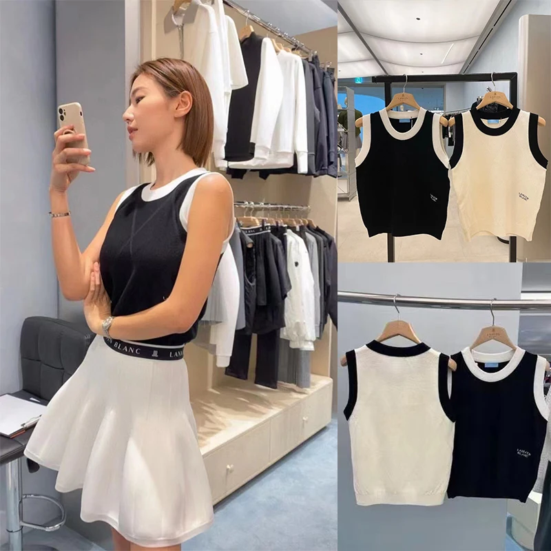 

Women's Golf Apparel Korean Classic Advanced Simple Vest Slim Fit Elastic Round Neck Ice Silk Knitted Top Clothing