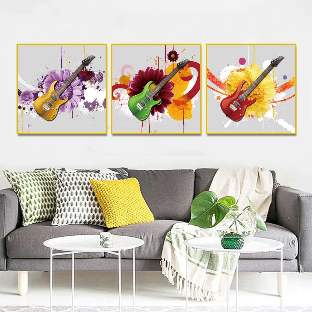 Абстрактная Картина на холсте с изображением гитары и цветов в музыке