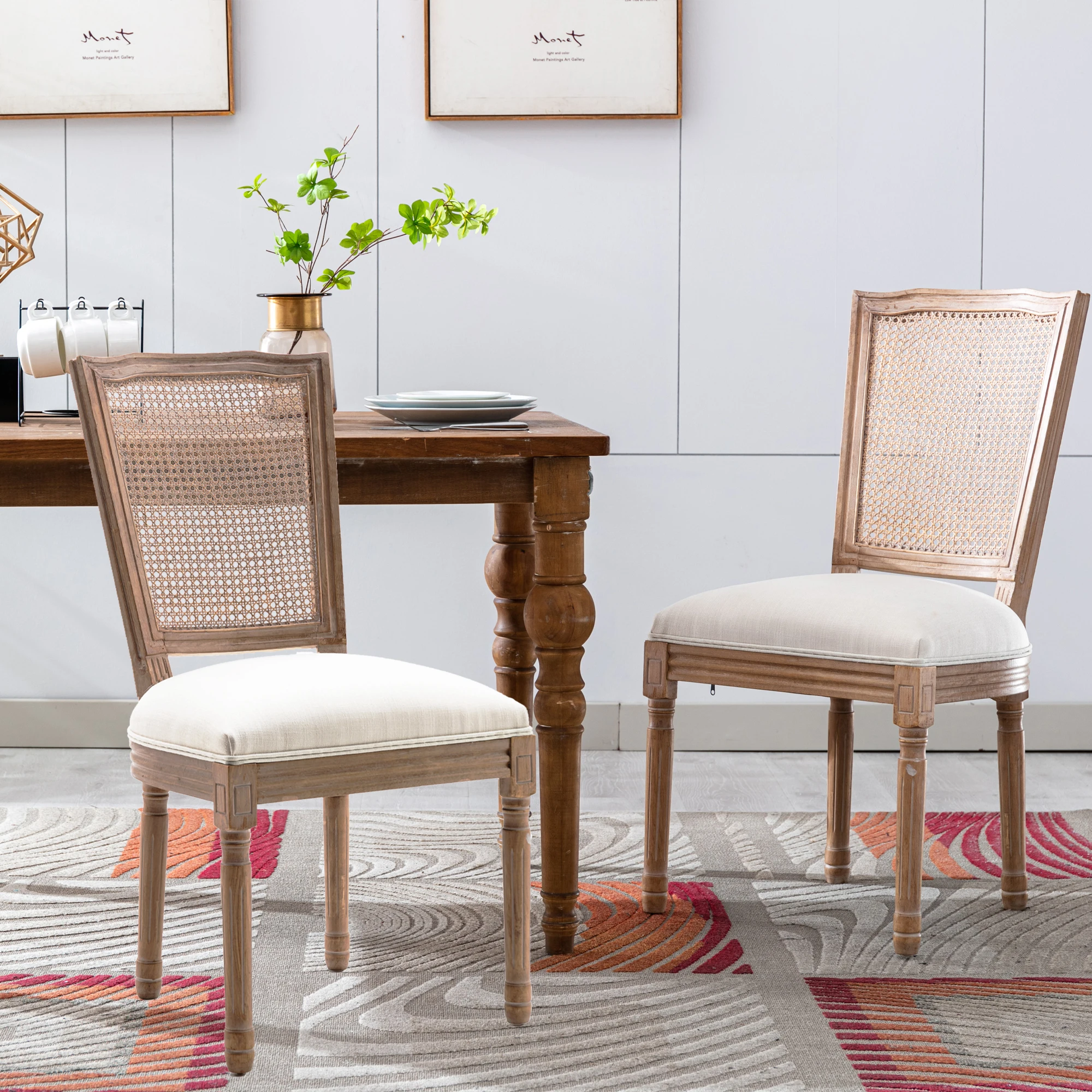 S Set Of 2,rattan Back French Country Dining Room Chairs Vintage Fabric Upholstered Chair
