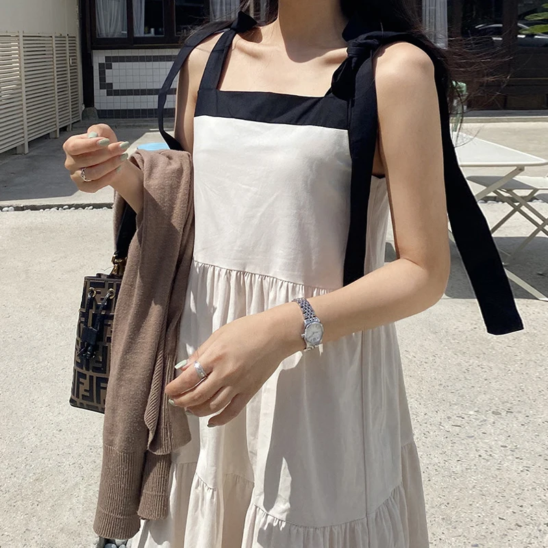 

J GIRLS Women Dress 2021 Summer Korean Chic Ladies Square Collar Contrast Stitching High Waist Loose Tie Bow Suspender Vestidos