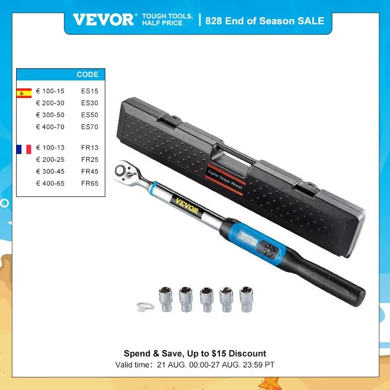 VEVOR Digital Torque Wrench Kit 1/2in Drive W/ LED & Buzzer Indicator Dual-Direction Ratchet Head Bicycle Moto Repair Hand Tool