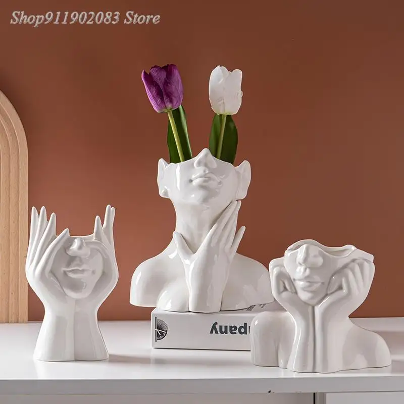 

Abstract Human Head Art Ceramic Vase Half Face Flower Arrangement Accessories Character Flower Vase Modern Home Decoration