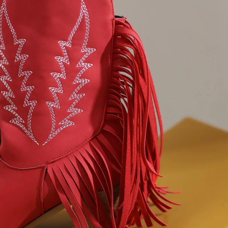 Western Boots Women Cowgirl Ankle Leather Black Red Rose Red Short Booties Fringe Decorate Embroidery Autumn Winter Warm Shoes