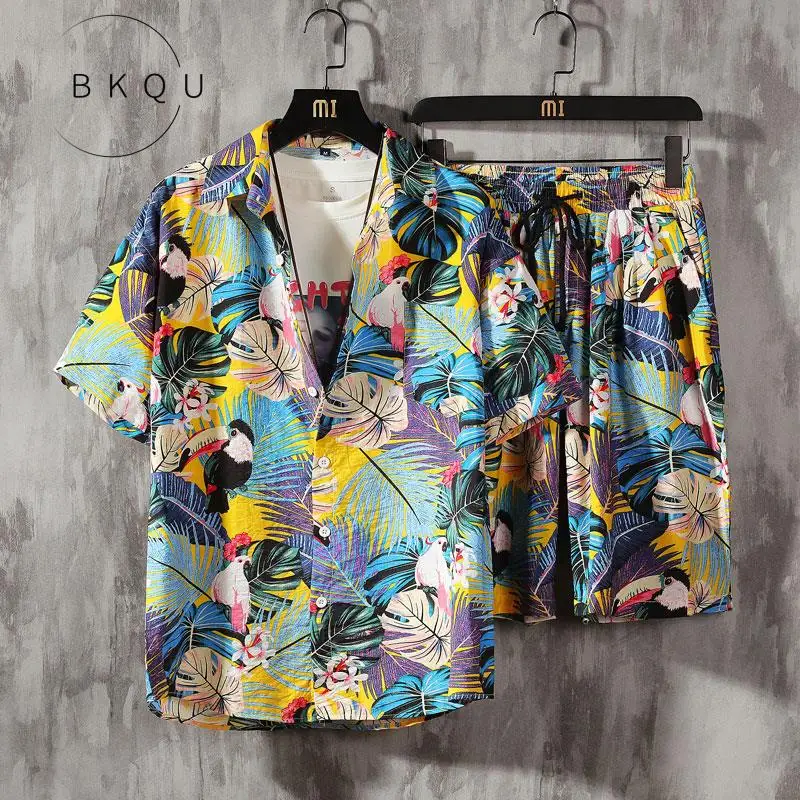 The seaside beach holiday suit male lovers popular logo loose big yards short sleeve shirt leisure two-piece flower
