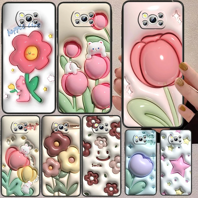 

Nonstereoscopic 3D Vision Flower Love Black Phone Case For Xiaomi Mi Poco X5 X3 Pro X4 F4 F3 GT M5 M5s M4 M3 C55 C50 C40 5G