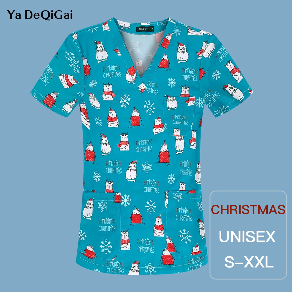 

Women Christmas Print Nursing Uniform Snowman Print Nurse Uniform Scrub Short Sleeve V-neck Tops Working Uniform Blouse Shirt