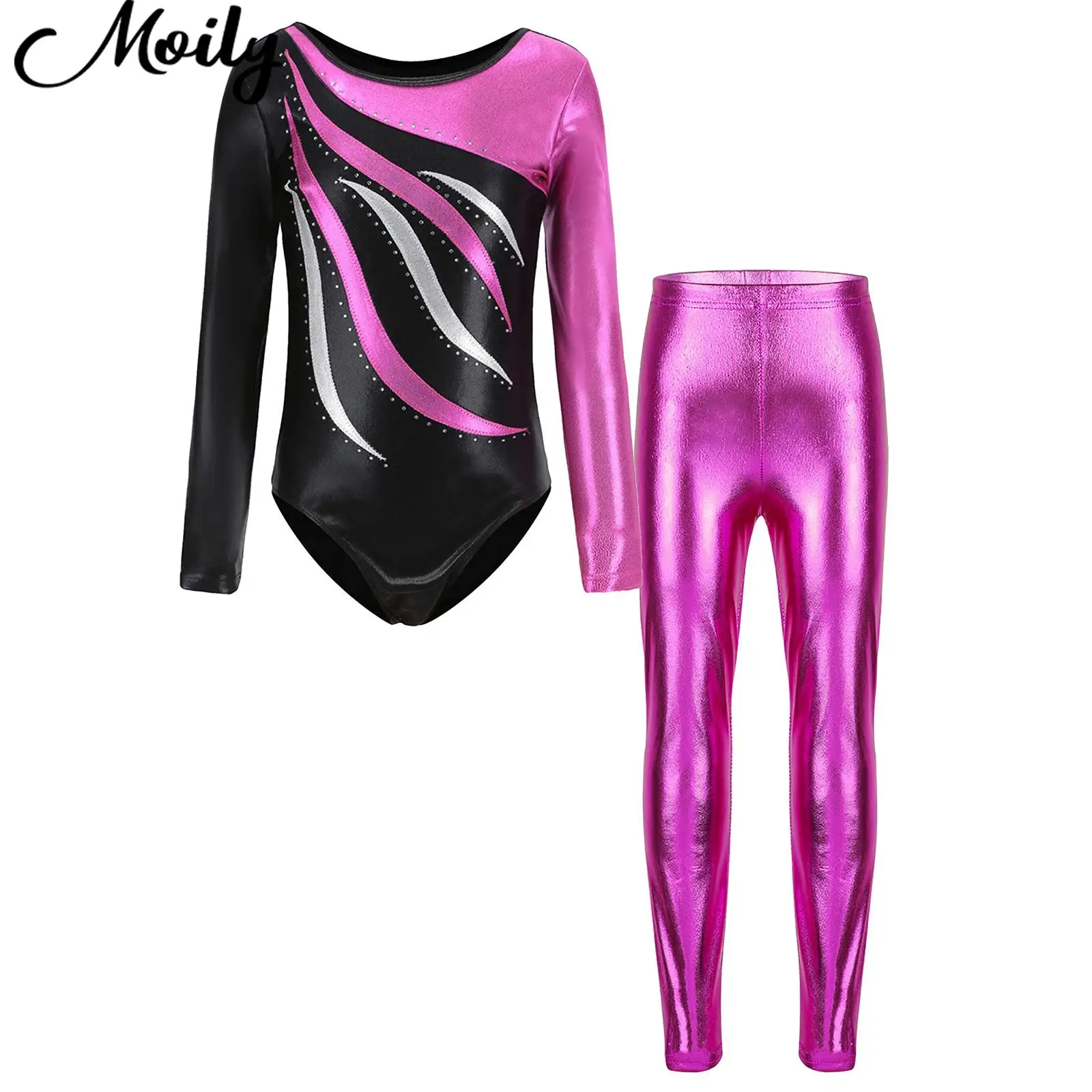 

Детское металлическое боди Стразы для девочек для гимнастики танцев наряды с длинным рукавом трико с леггинсами Спортивная одежда для спортзала йоги фитнеса