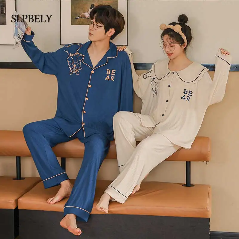 

SLPBELY Couple Pajamas Set Homesuit Spring Cotton Lapel Cardigan Long Sleeve Couple Nightwear Pyjamas Lover Homewear Sleepwear