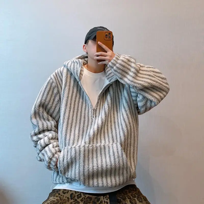 Autumn and Winter New Extra Large 50.00kg Retro Stripe Hood Cotton-Padded Coat Men's Thickened Lamb Wool Outerwear Top 2