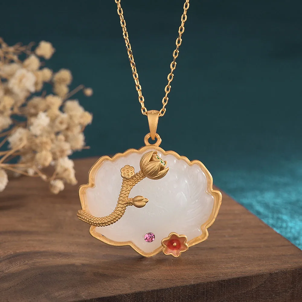 

China Style Classical Cheongsam Hanfu Accessories Necklace Copper Enamel Painted Inlaid Hetian Jade Lotus Pendant Necklaces