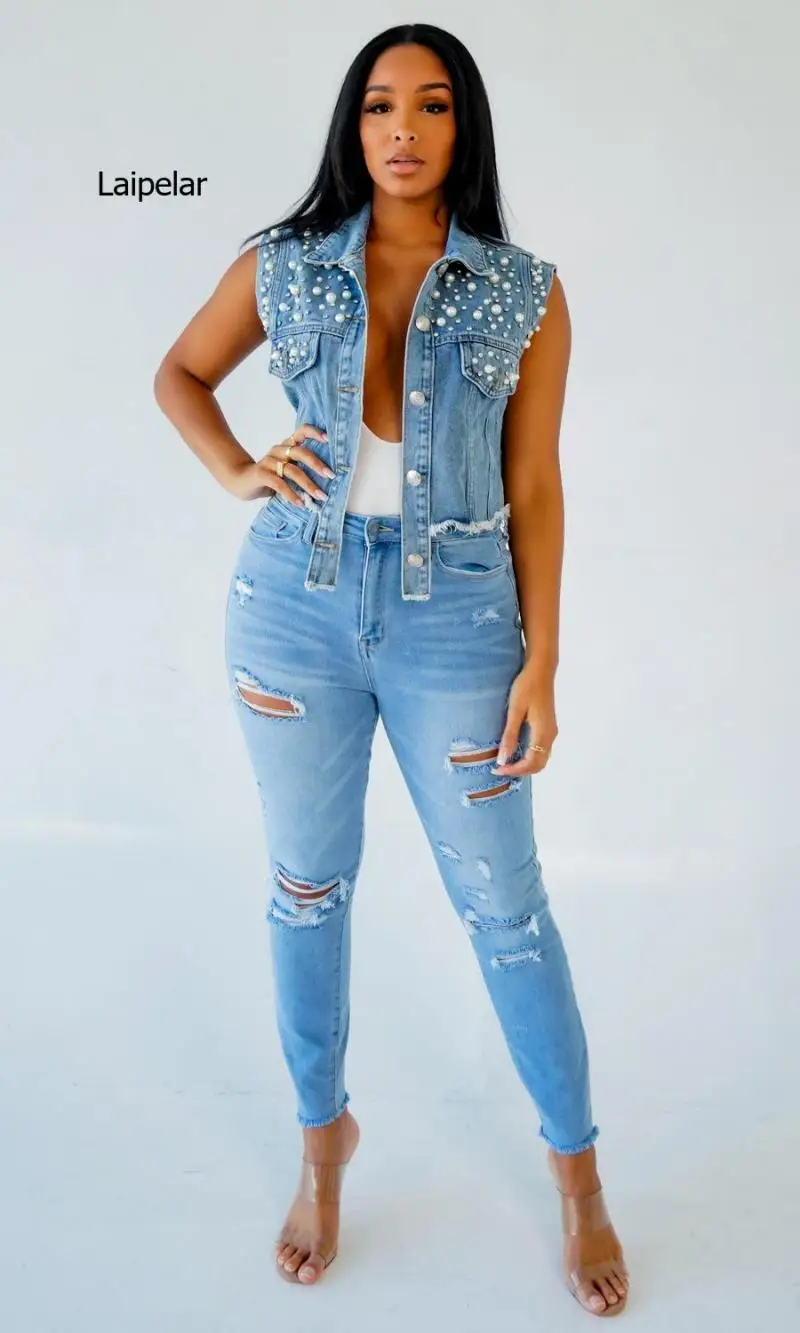 Женский короткий джинсовый жилет с жемчужинами укороченная Джинсовая