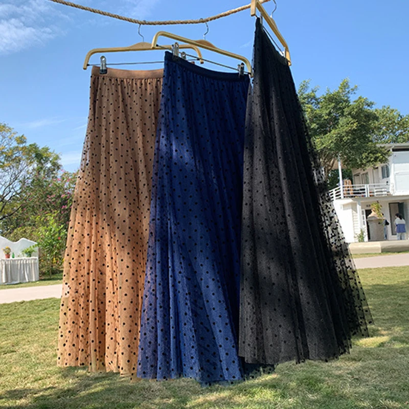 Qooth Женская юбка в горошек элегантная длинная Тюлевая А-силуэта с высокой талией
