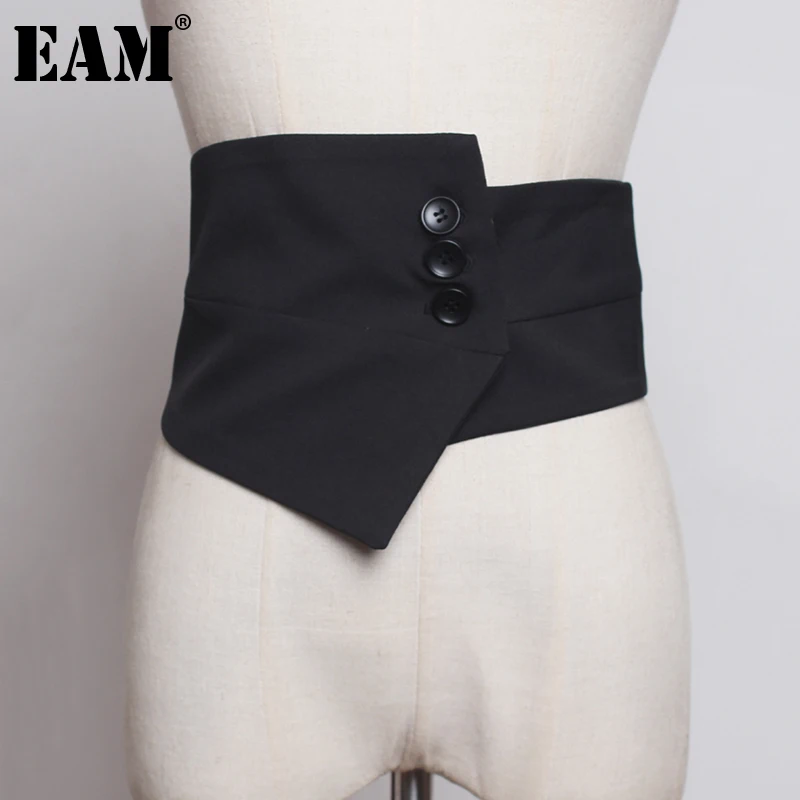 

[EAM] Pu Leather Black Button Irregular Wide Belt Personality Women New Fashion Tide All-match Spring Autumn 2023 1DF2108