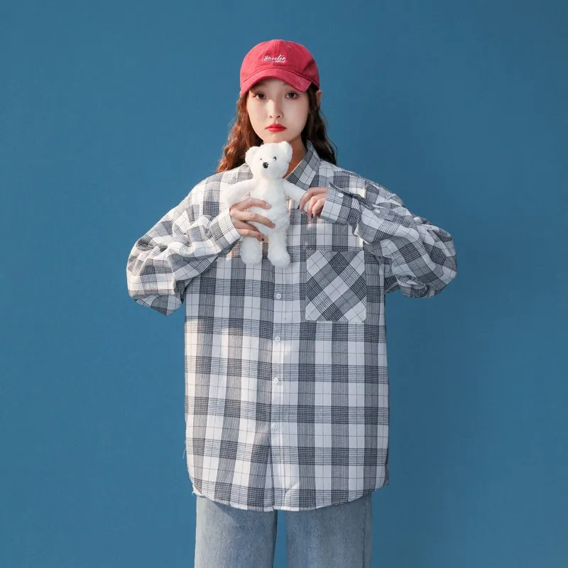 

Plaid Shirts Women Blouses Autumn Long Sleeve Vintage Loose Female Shirts Casual Street Lady Korean Oversize Top