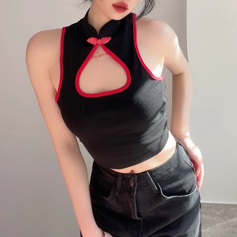 

Summer Fashion Slim Sexy Club Chinese Style Button Hollow Out Stand Collar Sleeveless Girl Crop Top Women Skinny Short Tank Top